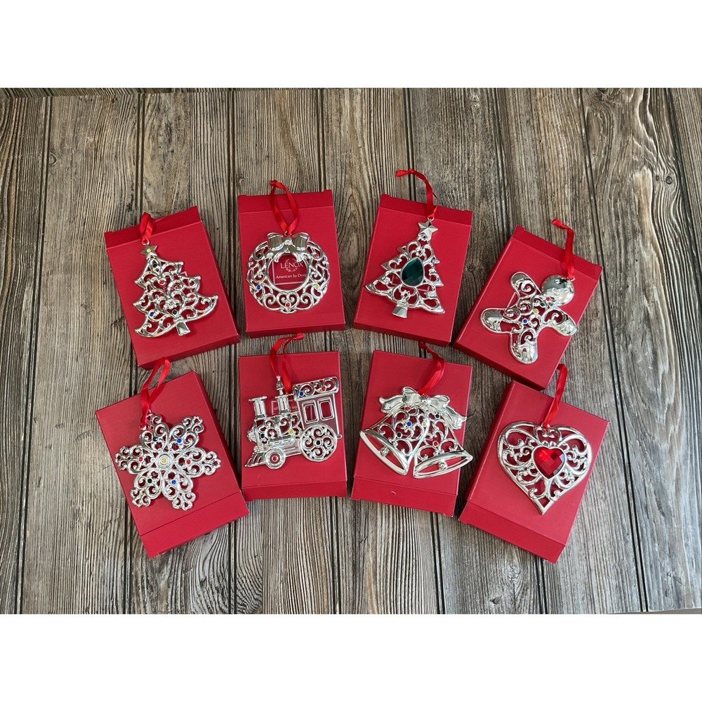 Lenox Set of 8 Bejeweled Silverplated Christmas Ornaments brand new